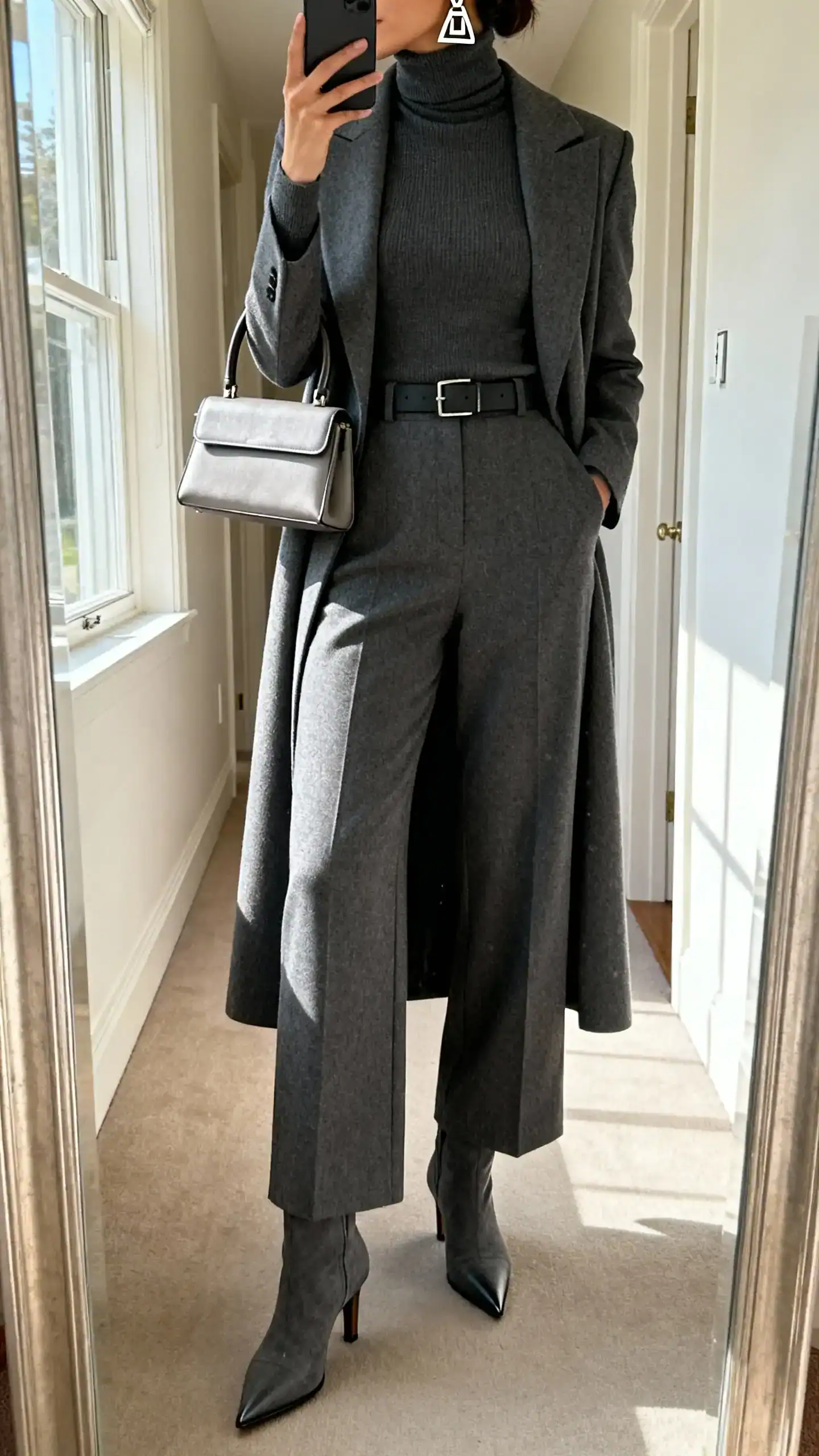iPhone back-view mirror selfie of a woman wearing a monochrome charcoal fitted turtleneck with matching tailored wide-leg trousers, pointed-toe heeled boots in the same tone, long tone-on-tone tailored coat, minimalist belt, geometric statement earrings, and a top-handle mini bag; face not visible, hallway full-length mirror, morning window light, iPhone photo quality.