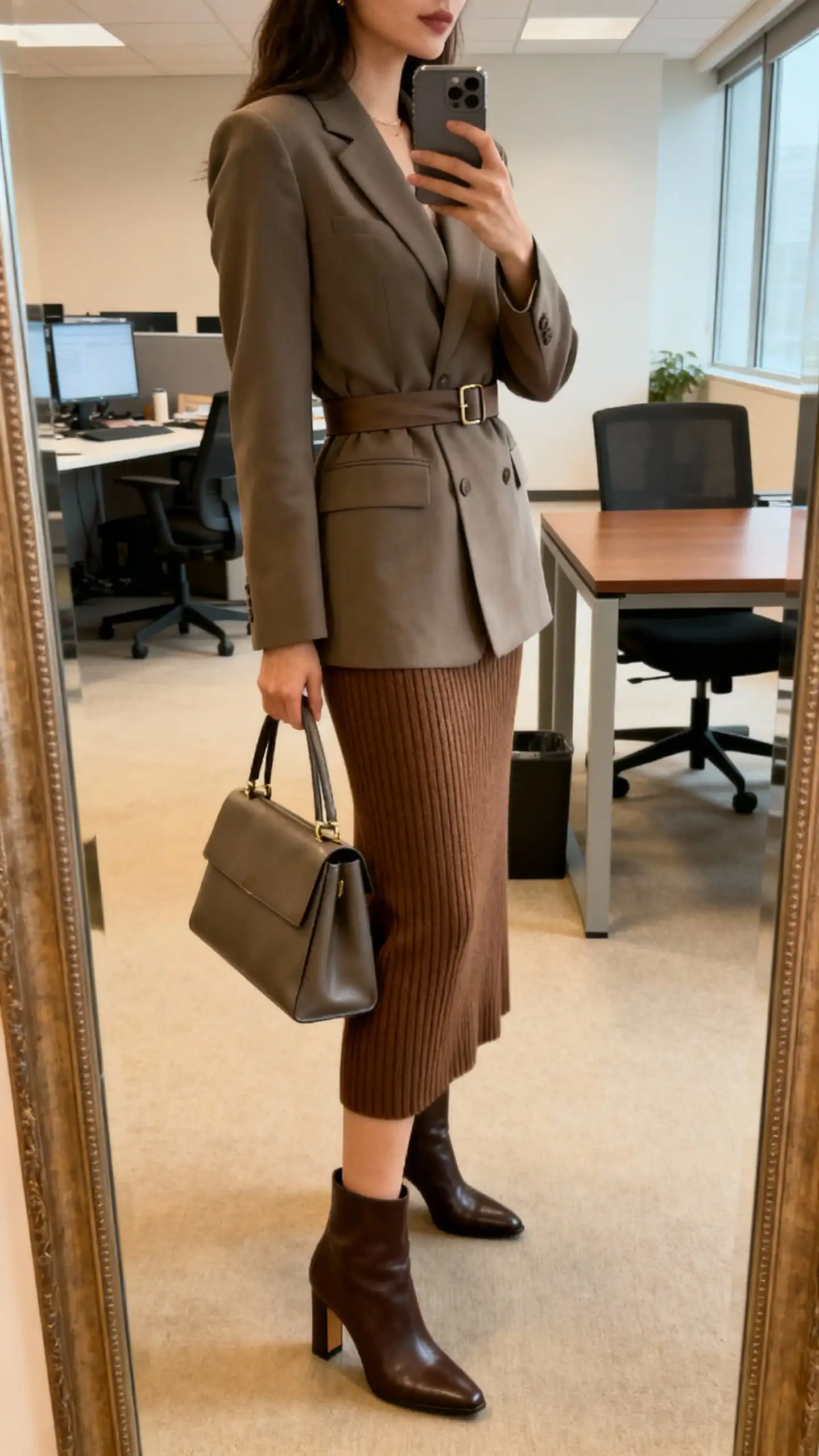 iPhone mirror selfie of a woman in a belted blazer over a ribbed knit midi skirt with heeled ankle boots and a structured tote, face not visible, side angle in office mirror, warm indoor lighting, iPhone photo quality.