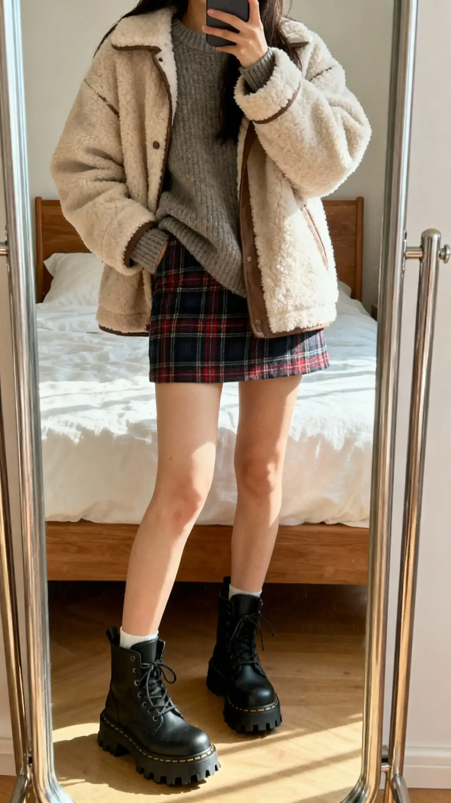 iPhone mirror selfie of a woman in a plaid mini skirt with an oversized sweater and a shearling jacket, paired with lug-sole boots, face not visible, bedroom mirror, soft afternoon light, iPhone photo quality.