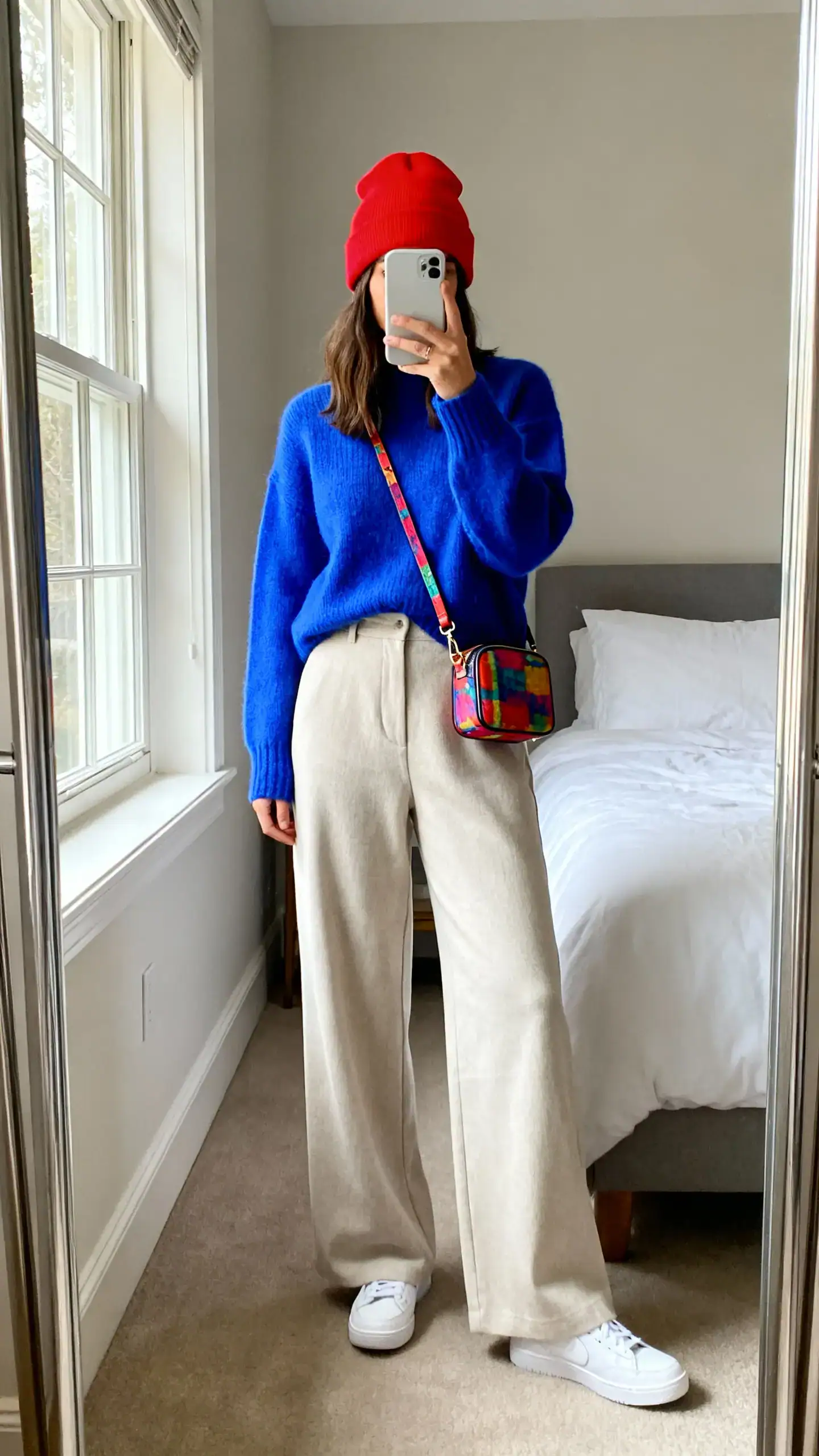 iPhone mirror selfie of a woman wearing a bright red beanie, vibrant cobalt sweater, neutral wide-leg trousers, white sneakers, and a colorful mini shoulder bag, face not visible, bedroom mirror, natural window light, iPhone photo quality.