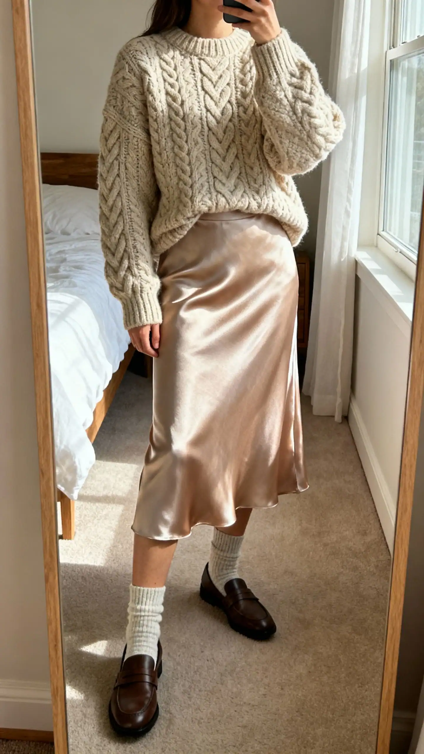 iPhone mirror selfie of a woman wearing a chunky cable-knit sweater and a satin midi skirt with cozy socks and loafers, face not visible, cropped at neck, bedroom mirror with morning window light, iPhone photo quality.