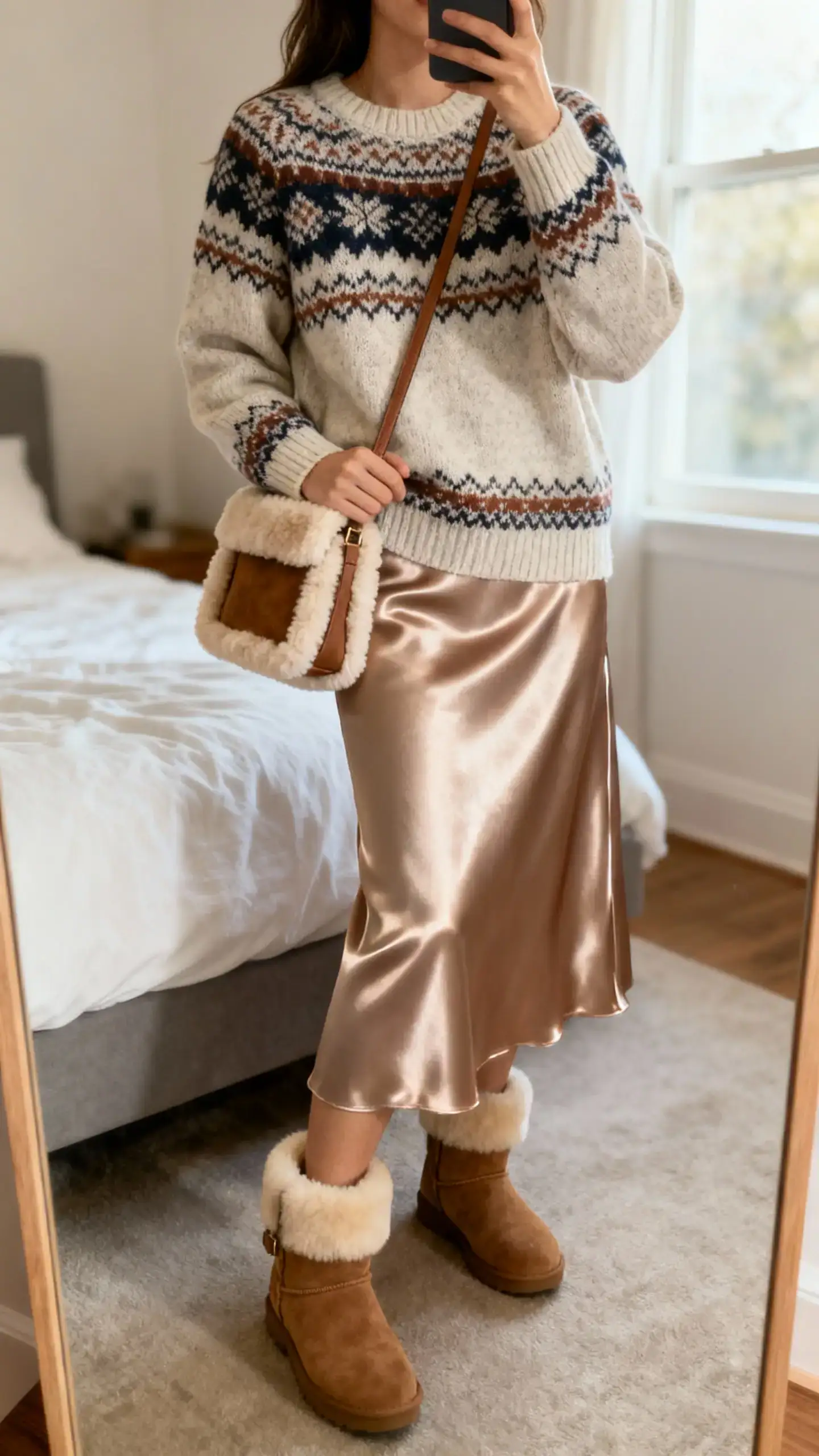 iPhone mirror selfie of a woman wearing a Fair Isle sweater with a satin midi skirt, shearling-lined boots, and a shearling-trim bag, face not visible, cropped at neck, cozy bedroom mirror, natural window light, iPhone photo quality.