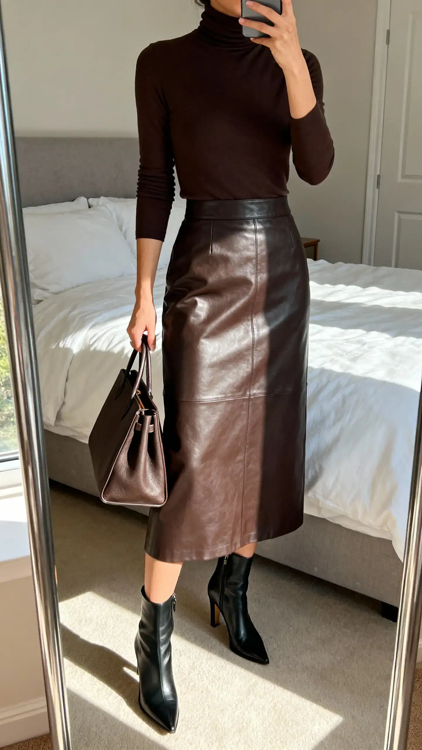 iPhone mirror selfie of a woman wearing a leather midi skirt with a fitted turtleneck, heeled ankle boots and a structured tote, face not visible, cropped at neck, bedroom mirror, natural morning light, iPhone photo quality.
