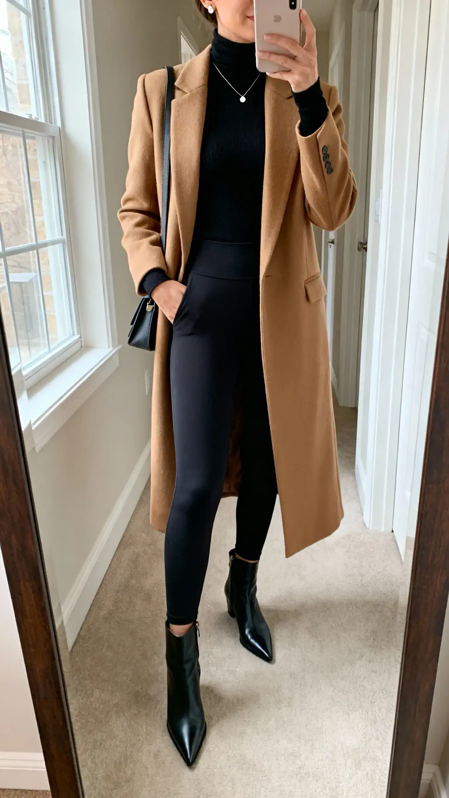 iPhone mirror selfie of a woman wearing high-waisted ponte leggings, a camel longline blazer, a fitted black turtleneck, pointed-toe ankle boots, a minimalist shoulder bag, and delicate necklace with stud earrings, face not visible, cropped at shoulders, full-length mirror in hallway, natural window light, iPhone photo quality.