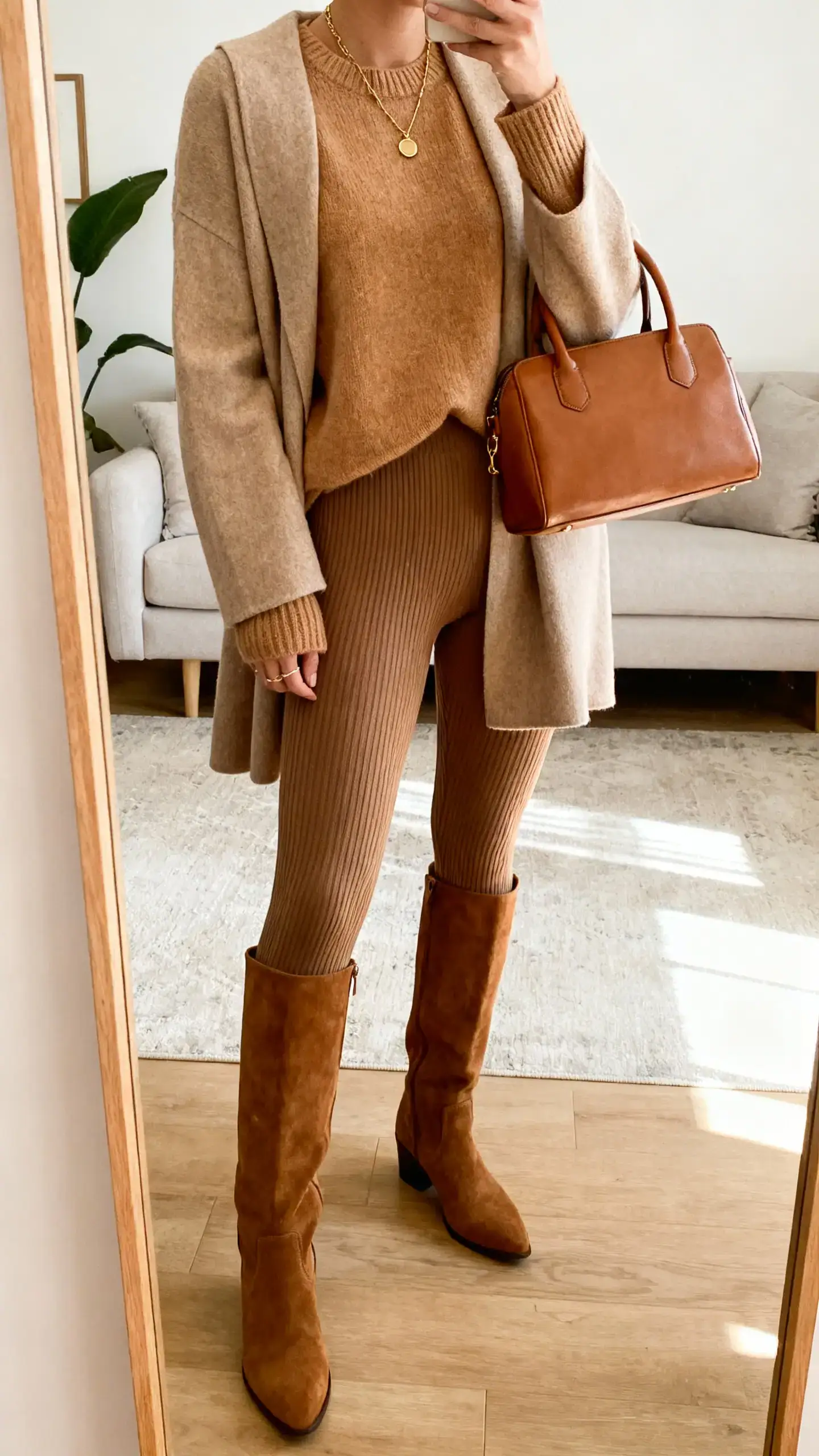 iPhone mirror selfie of a woman wearing thick ribbed leggings, a camel cashmere-blend sweater, an oat coatigan, suede knee-high boots, a leather top-handle bag, and minimal gold jewelry, face not visible, cropped at neck, living room mirror, warm morning light, iPhone photo quality.