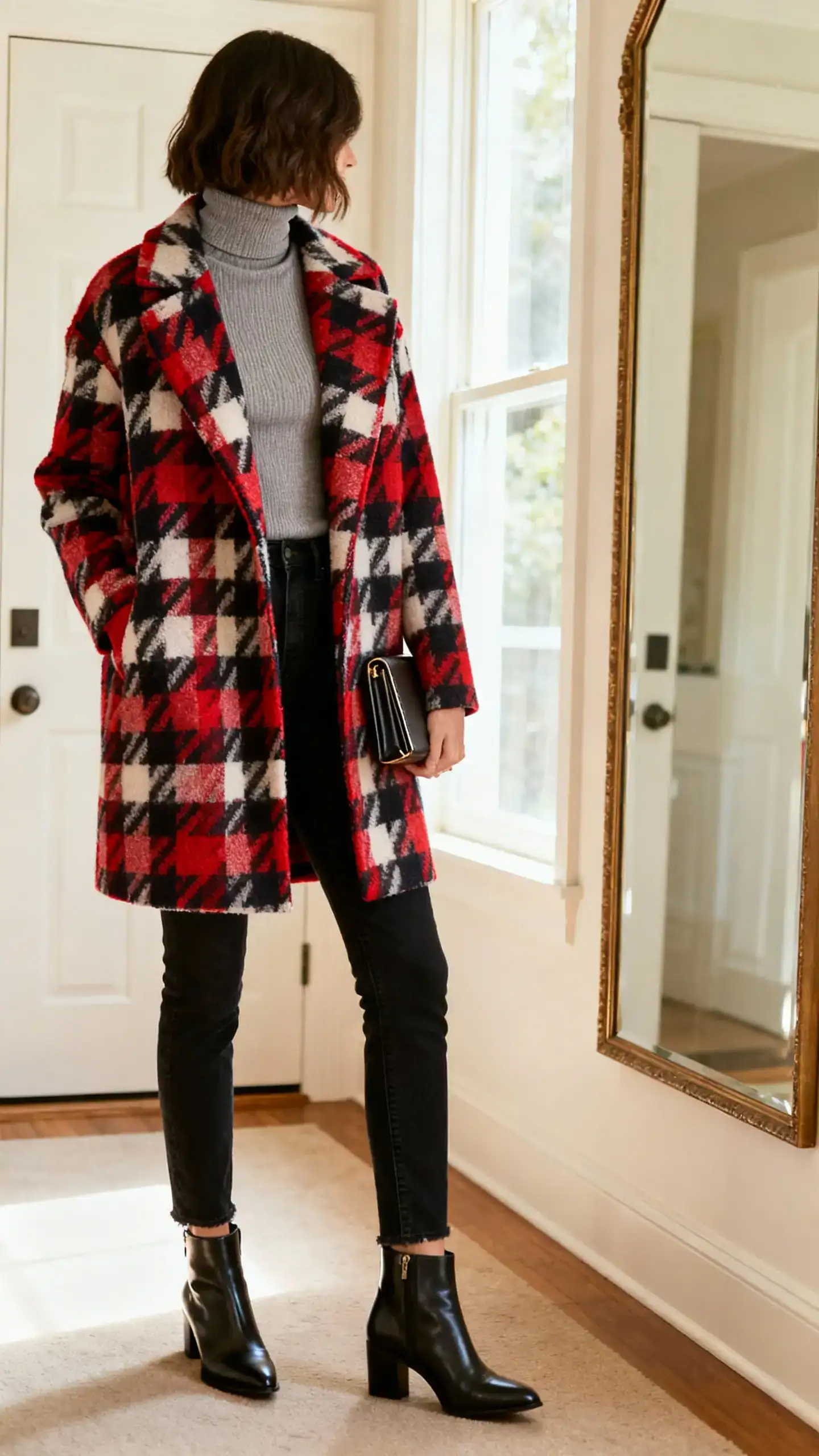 iPhone back view of a woman in a bold statement coat over a simple base: fitted turtleneck, black jeans, and sleek ankle boots, carrying a small clutch, face not visible, entryway mirror, bright window light, iPhone photo quality.