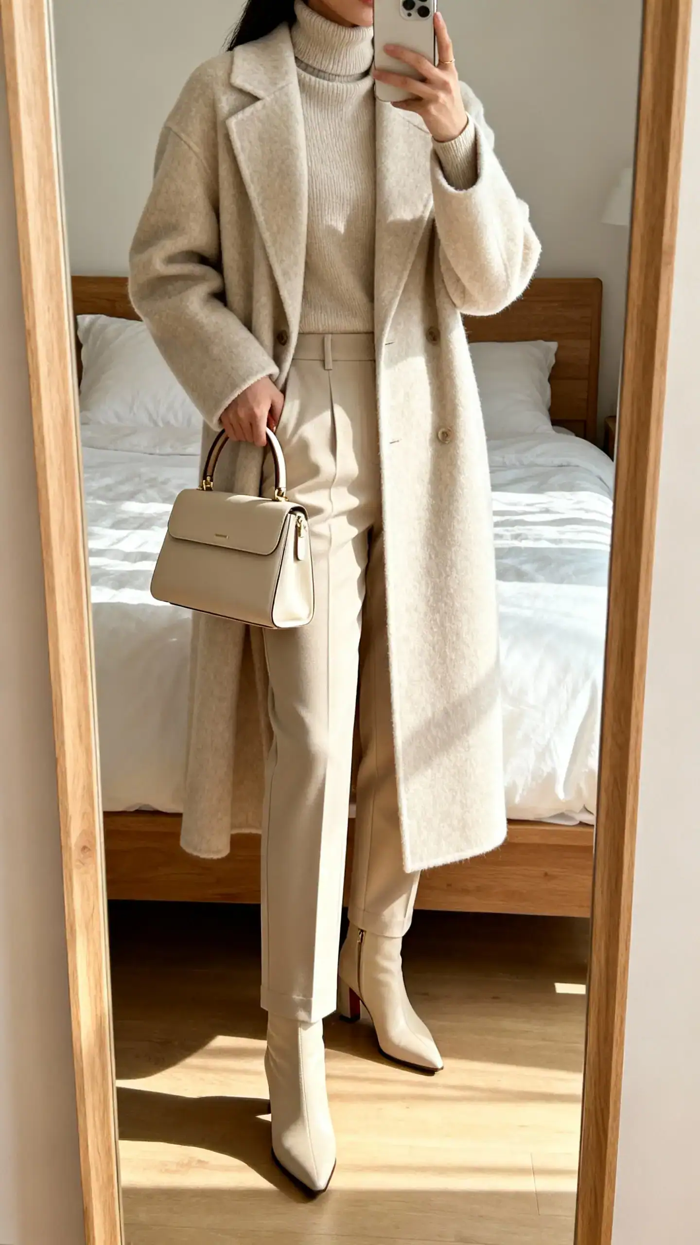 iPhone mirror selfie of a woman in a monochrome set: long wool coat, matching turtleneck, tailored trousers, and same-tone heeled boots, with a coordinated top-handle bag, face not visible, cropped at shoulders, bedroom mirror, morning light, iPhone photo quality.