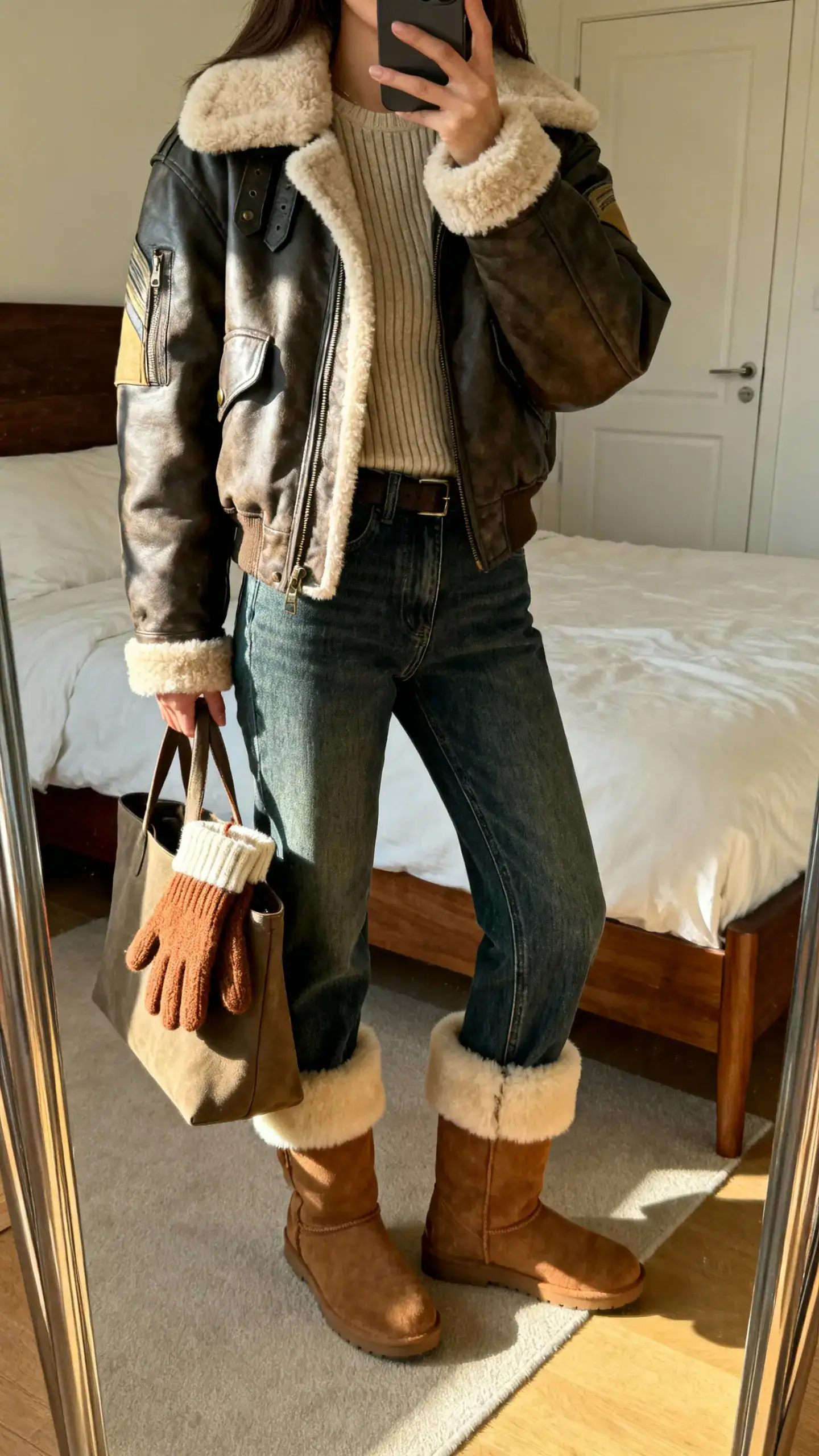 iPhone mirror selfie of a woman in a shearling-lined aviator jacket, shearling-trim boots, ribbed knit, and straight jeans, with cozy mittens peeking from a tote, face not visible, bedroom mirror, warm indoor light, iPhone photo quality.